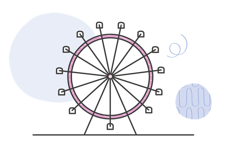 Illustration eines Riesenrads mit rosa Umrandung und Gondeln